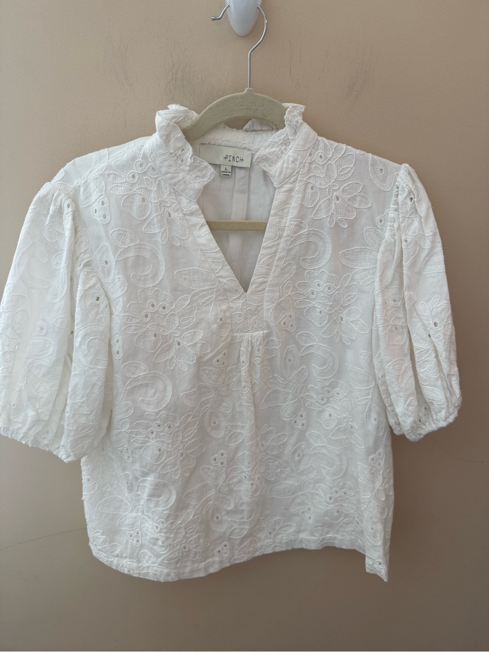PINCH Eyelet Ruffle Sleeve cotton Top In White - Size Large